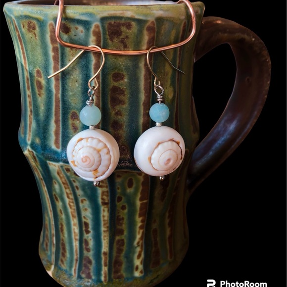 Genuine Sea Shell & Aquamarine Earrings - Picture 2 of 2